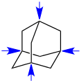 Adamantan – die vier blauen Pfeile weisen auf die Brückenkopfatome (Kohlenstoffatome)