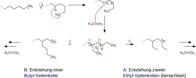 Mechanism for the emergence of side chains during synthesis of polyethylene (PE-LD).