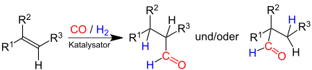 Hydroformylierung eines Alkens (R1 bis R3 Organylgruppen (z. B. Alkyl- oder Arylgruppen) oder Wasserstoffatome).
