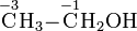 \mathrm{ {\overset{-3}{C}}H_3 \mathord- {\overset{-1}{C}}H_2OH}