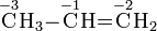 \mathrm{ {\overset{-3}{C}}H_3 \mathord- {\overset{-1}{C}}H \mathord= {\overset{-2}{C}}H_2 }