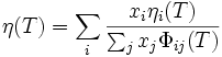 \eta (T) = \sum_i \frac{x_i \eta_i (T)}{\sum_j x_j \Phi_{ij}(T)}