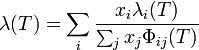  \lambda (T) = \sum_i \frac{x_i \lambda_i (T)}{\sum_j x_j \Phi_{ij}(T)} 