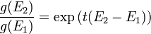 \frac{g(E_2)}{g(E_1)} = \exp{(t (E_2 - E_1))}