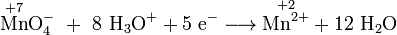 \mathrm{ {\overset{+7}{Mn}} O_4^- \ + \ 8 \ H_3O^+ + 5 \ e^- \longrightarrow {\overset{+2}{Mn^{2+}}} + 12 \ H_2O}